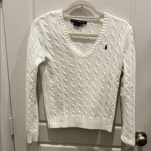 Ralph Lauren Women's white V-Neck Cable Knit Sweater